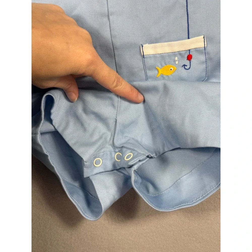 Vintage Baby Boy Blue Gingham Shirt and Fishing Bear Embroidered Romper Set 12M